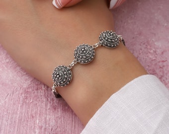 Women Silver Boho Bracelet, 925K Sterling Silver Textured Bracelet, Boho Filigree Bracelet, Handmade Bracelet, Gift for her