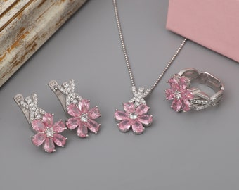 Conjunto de joyería rosa flor de magnolia, conjunto de joyería floral rosa de plata de ley hecha a mano para mujeres, pendientes de flores de cristal rosa plateado, regalo para ella