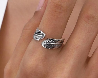 Silver Feather Wrap Ring - Adjustable Leaf Boho Nature Jewelry, Stackable Rings