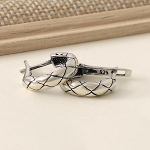 Sterling Silver Hoop Earrings, Oxidized Quilted Pattern, Chunky Silver Hoops, Vintage Style Everyday Wear