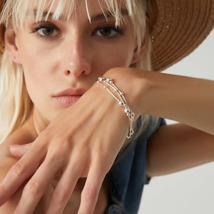 Ball Bracelet, Duo Bead Silver Chain Bracelet , Sterling  Silver Women Bracelet, Handmade Fine Beaded Chain Bracelet