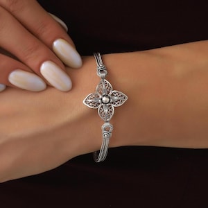 Filigrane Link-Blumen-Armband für Frauen, Sterling Silber Zierliche Kette Schmuck, handgemachtes Geschenk