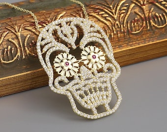 Gouden schedelketting: sterlingzilver, zirkoon, halloweensieraden