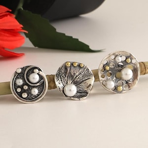 Artisan Sterling Silver Pearl Chunky Ring: Adjustable Vintage Oxidized Design