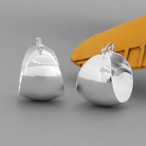 Chunky Sterling Silver Hoop Earrings: Modern Sculptural Statement Women Jewelry, Hollow Silver Hoops