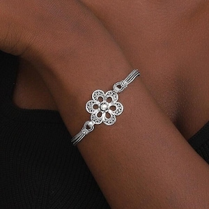 Oxidized Sterling Silver Flower Boho Women Bracelet: Artisan Filigree Vintage Style Jewelry