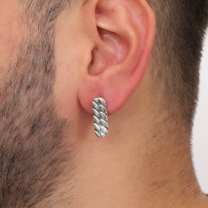 Sterling Silver Chain Link Earring: Textured Boho Huggie for Men