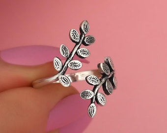 Sterling Silver Leaf Ring, Boho Statement Adjustable Nature Inspired Rings For Women
