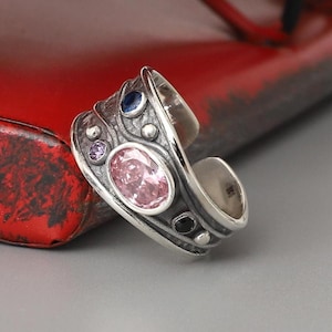 Roze dikke sterlingzilveren ring - boho-sieraden met open band