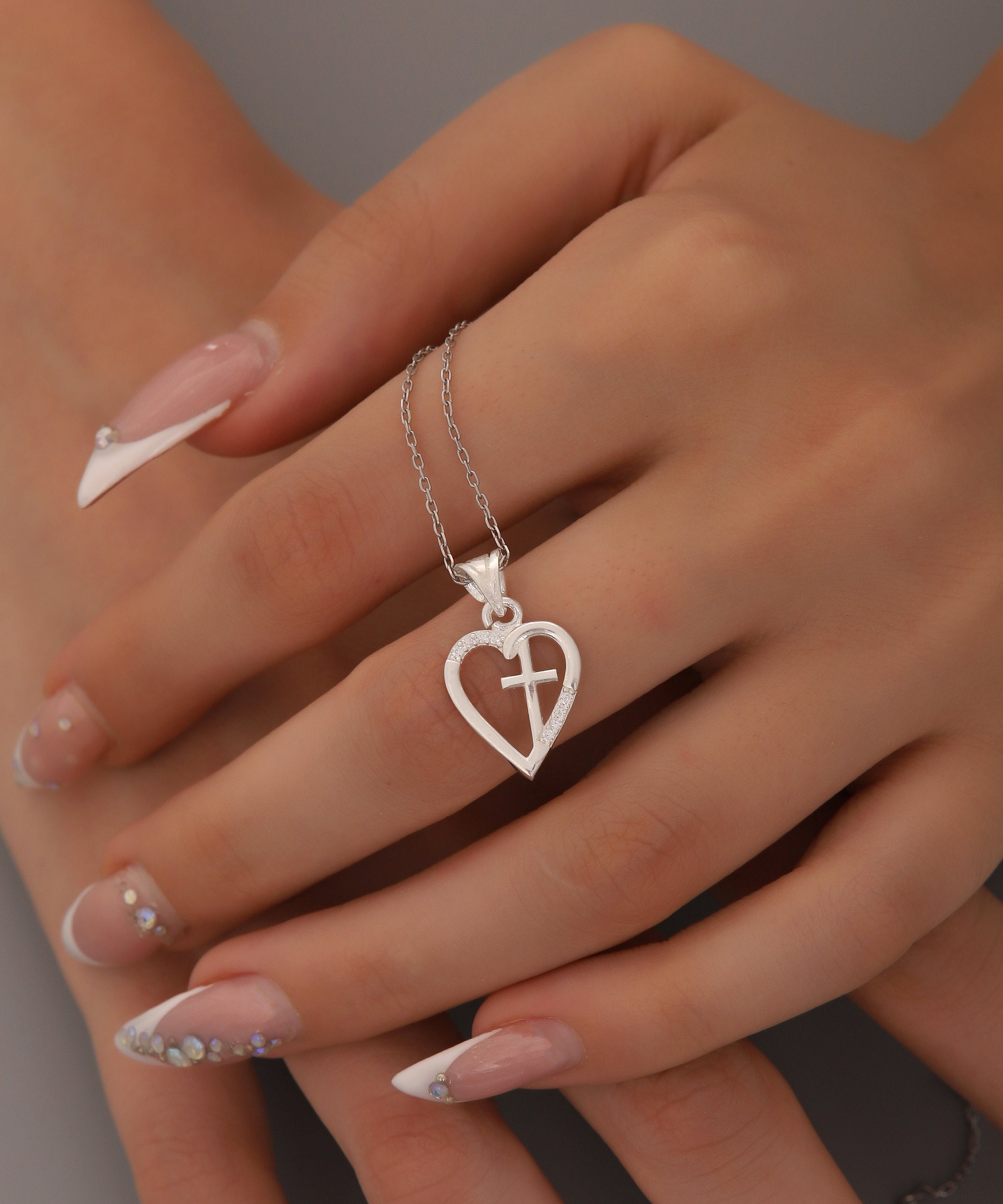 Sterling Silver Heart Cross Necklace: Minimalist Religious Pendant