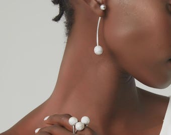 Modern Sterling Silver Ball Cocktail Women Jewelry | Minimalist Sculptural Earrings and Ring