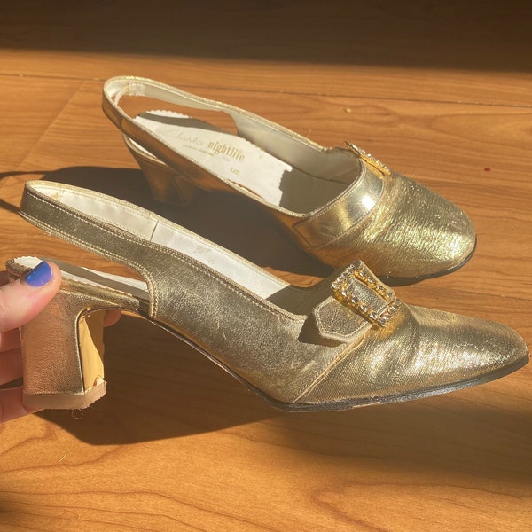 Vintage 1960s Clarks Nightlife Gold Lurex Diamante Buckle Heels Made In England