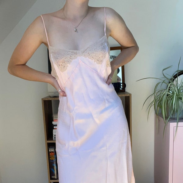 Vintage 1940s/ 1950s Pink Satin And Lace Slip Dress With Ditsy Leaf Pattern