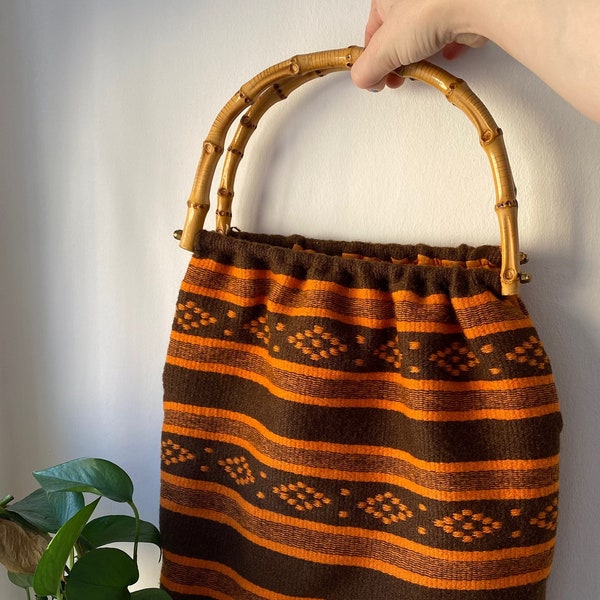 Danish/Scandinavian Vintage Mid Century Orange And Brown Knitted Bag With Bamboo Handle