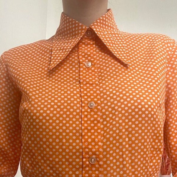 Vintage 1970s Orange Polka Dot Dagger Collar Shirt