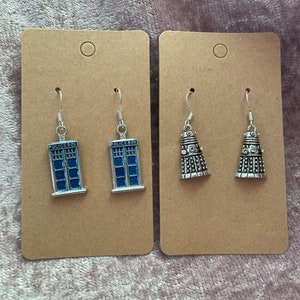 Police Box Earrings Handmade Gift Blue Space Who Travel Tardis Doctor Alien Dalek Silver Dangle Earrings For Her