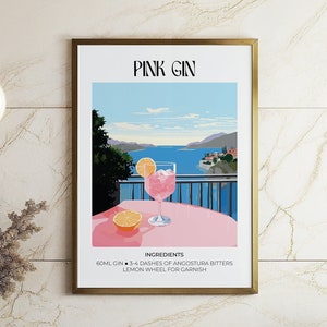 Pink Poster Cocktail Print Travel Poster Matisse Wall Art Drink Recipe Gin Drink Poster for Kitchen Wall Art Alcohol Poster for Kitchen Bar
