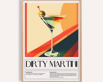 Dirty Martini Recipe Print: Stylish Bar Cart Art, Cocktail Kitchen Decor