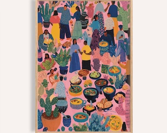 Mexican Folk Market Art Print: Colorful Fiesta Scene