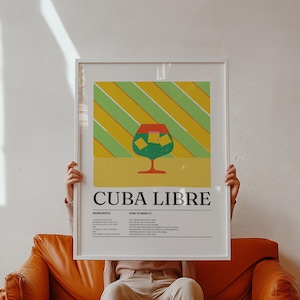 Large Colorful Wall Art Cuba Libre Cocktail Poster – Retro Recipe Print with Diagonal Stripes, Bright Bar or Kitchen Decor