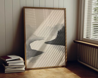 水墨画：霧の川の風景、侘び寂びアート - Etsy 日本
