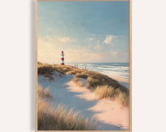 海岸の灯台のプリント - ビーチの砂丘、航海の壁アート - Etsy 日本