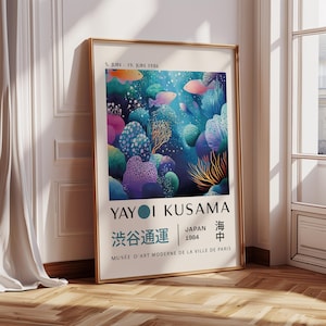 Póster de Yayoi Kusama, póster de exposición colorido, arte mural japonés, impresión de peces submarinos para el hogar moderno, arte mural de acuario