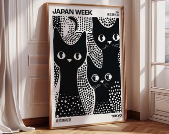 Black Cat Art Print – Japan Week Modern Cat Poster, Unique Home Decor for Cat Lovers, Japanese Wall Art, Quirky Cat Gift