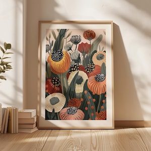 Burnt Orange Wall Art Print with Bold Poppies and Japanese-Inspired Dotted Floral Design for Modern Home Decor
