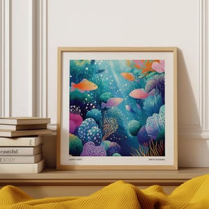 Arte murale astratta della barriera corallina / Poster con scena oceanica ispirato a Yayoi Kusama / Decorazione marina quadrata per soggiorno, camera da letto / Stampa per la cameretta dei bambini