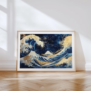 Ocean Wave Art Print with Deep Blue and Gold Accents | Traditional Japanese Wall Art for Bedroom or Living Room | Asian Picture Decor