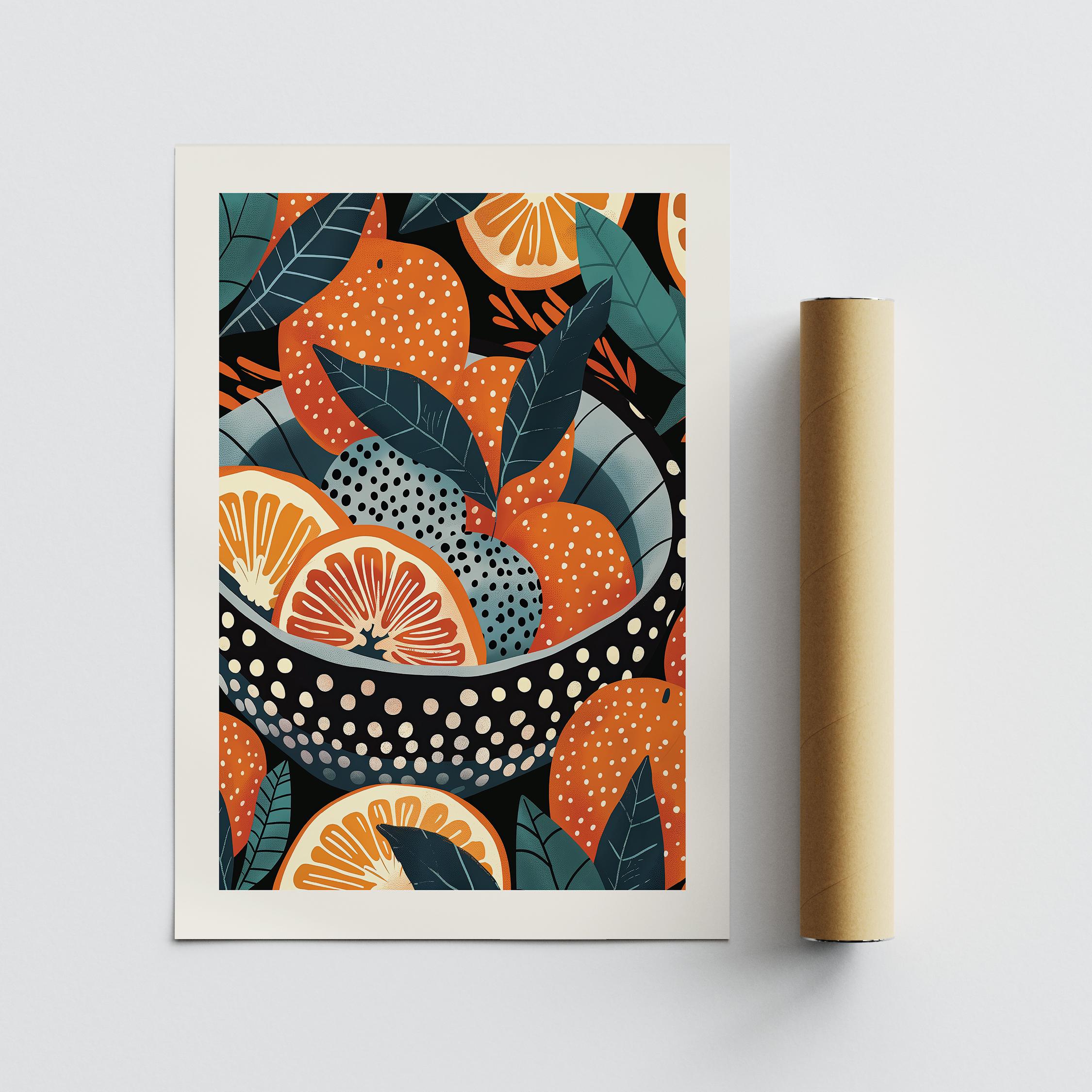 Modern Citrus Kitchen Print: Bowl of Oranges Still Life With Teal