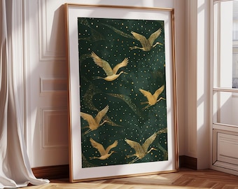 Japanese Crane Wall Art | Green and Gold Flying Cranes Print | Japandi Style Bird Decor for Living Room, Bedroom, or Office