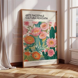 Mexikanisches Vintage Poster | Retro botanischer Kaktus mit rosa Blumen | Mexikanische Wanddekoration für Boho Wohnzimmer, Küche oder Schlafzimmer