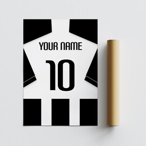 Personalized football shirt wall art with custom name number, geometric striped panel and sharp silhouette style for a modern football-themed space