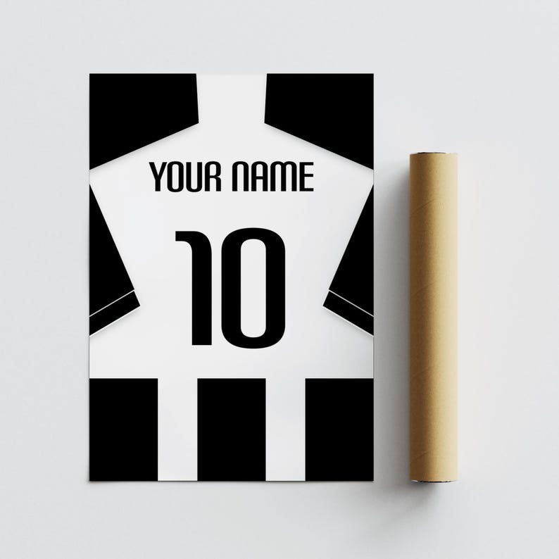 Personalized football shirt wall art with custom name number, geometric striped panel and sharp silhouette style for a modern football-themed space