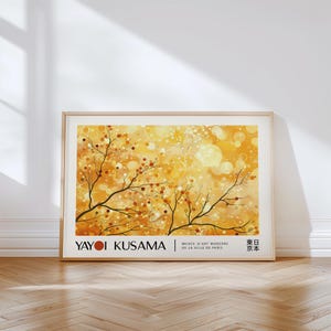 Herbst Minimalist Wohnzimmer Kunstdruck | Japanisch inspiriertes Kunstwerk Yayoi Kusama | Poster Gelb Abstrakt | Einzigartiges Herbst Dekor für Schlafzimmer