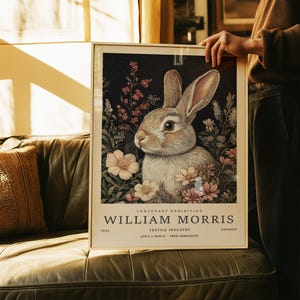 Vintage Rabbit Art Print with Wildflowers Inspired by William Morris – 1934 Exhibition Bunny Illustration in Floral Style