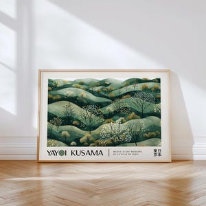 Arte mural horizontal con naturaleza para dormitorio / Impresión inspirada en Yayoi Kusama para sala de estar o estudio Póster verde de Serene Forest Hills