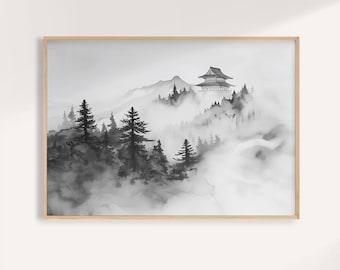 日本の墨絵風景画：霧深い山寺の風景 - Etsy 日本