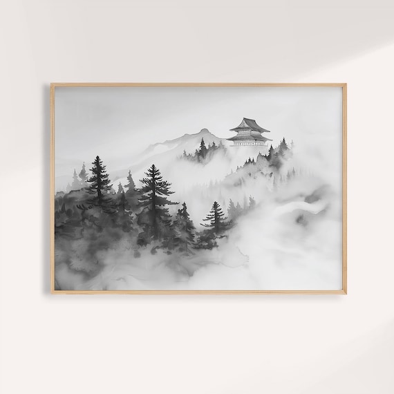 日本の墨絵風景画：霧深い山寺の風景 - Etsy 日本