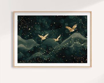 日本の鶴の版画：ミニマルな緑の自然アート - Etsy 日本