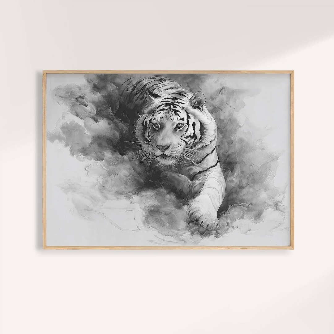 白黒虎版画：墨絵風風景画 - Etsy 日本