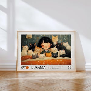 Kusama Cats and Girl Sleeping Poster - Horizontal Wall Art for Bedroom | Yayoi Kusama Cute Print for Girls Room or Nursery Room Picture
