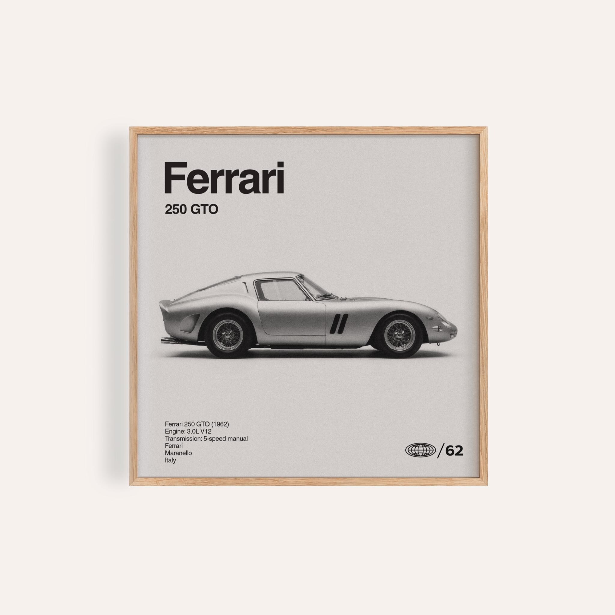 フェラーリ 250 GTO ウォールアート、イタリアンレーシングカー（白黒 