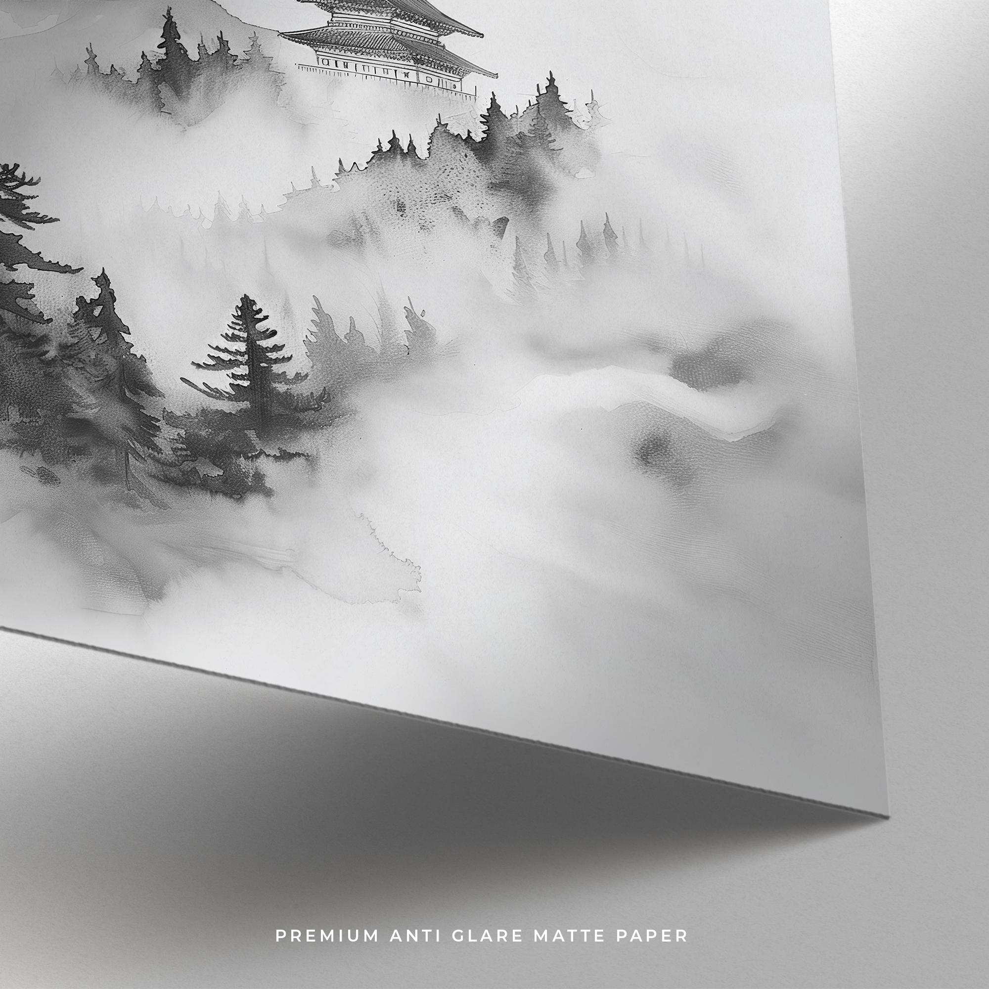 日本の墨絵風景画：霧深い山寺の風景 - Etsy 日本