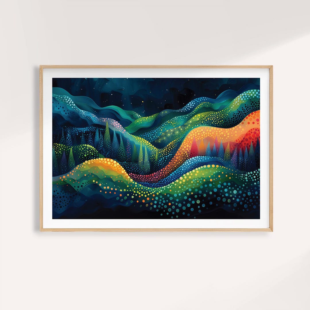 抽象的な山の風景画：日本の波の芸術、緑とオレンジ - Etsy 日本