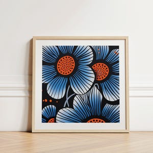 Blue Floral Wall Art in Modern Abstract Style | Bold Botanical Print With Orange and White Accents | Square Contemporary Flower Poster