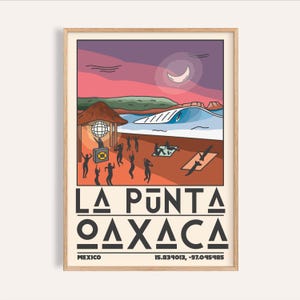 Puede incluir: Lámina artística enmarcada que representa una escena de playa con el texto "LA PUNTA OAXACA MEXICO". La ilustración muestra una puesta de sol, olas del océano y gente bailando cerca de una cabaña de playa con una bola de discoteca. También se incluyen las coordenadas.