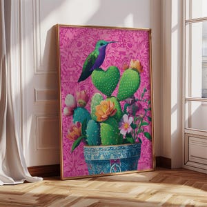 Heart Cactus Art Print: Hummingbird & Talavera Pot - Mexican Decor